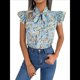 thumbnail image 1 of Blusas Bohemias de con Cuello Alto, Corta con Volantes y Estampado Floral para Mujer, Estilo Informal, Elegante, de Verano 2025. Azul XL, 1 of 7