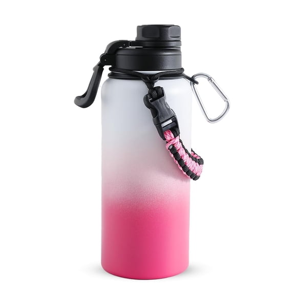 Insulated Water Bottle For Gym & Office - 960ml, Pink-White | Thermos Stainless Steel Vacuum Insulated Flask With Rope & Carabiner - Hot & Cold Water Bottle For Boys & Girls