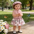 thumbnail image 2 of Huowey Toddler Girls Easter 3 Piece Outfits Solid Color Knitted Button Down Vest Cardigan Flower Plaid Ruffled Patchwork Dresses With Cute Hat Stylish Spring Summer Clothes Sets,Pink,9-12 Months, 2 of 9