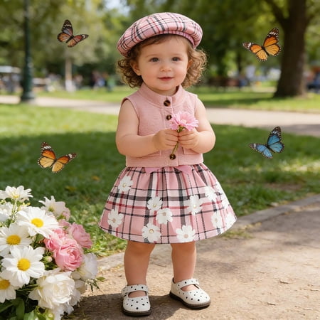 Toddler Girl Outfits 3 Piece Crew Neck Sleeveless Floral Print Dress And Outerwear And Hat for Casual Girls Clothing Sets Pink 9 Months-12 Months