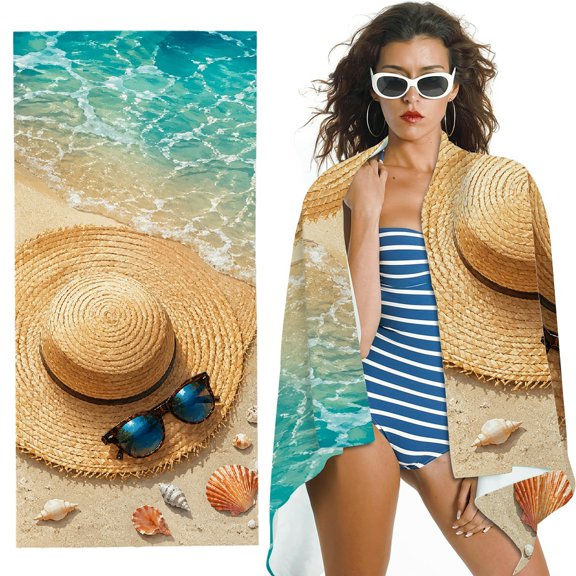 RKSupls beach hat sunglasses shell starfish summer Oversized Microfiber Beach Towel, Ultra-Soft Microfiber Suitable for Bathroom, beach, Soft Super Absorbent- 30x60 in