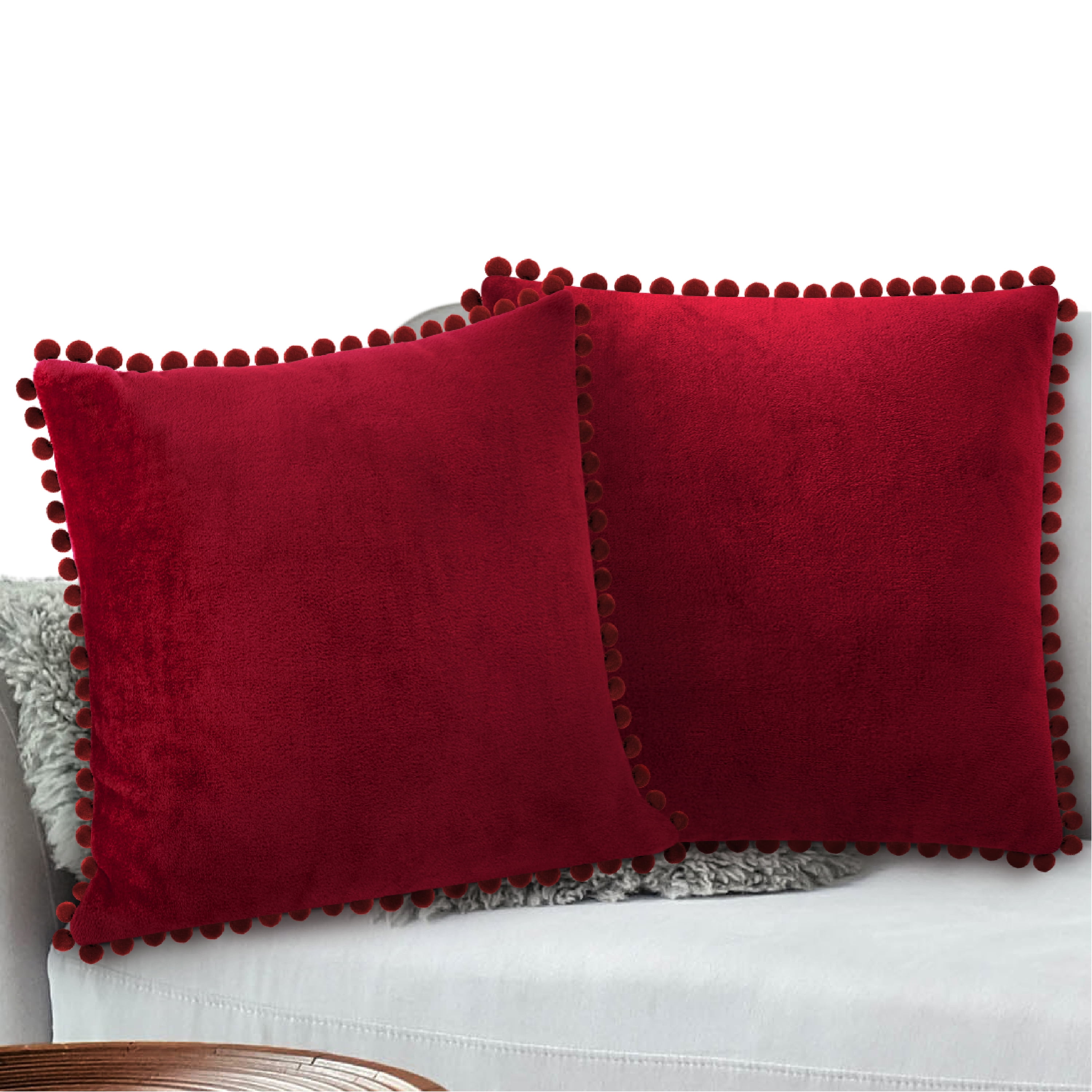 WLNUI Valentines Pillow Covers 18x18 Inch Set of 2 Soft Velvet Burgundy Throw Pillow Covers Square Decorative Cute Pom Poms Cushion Case for Sofa Couch Home Farmhouse Decor