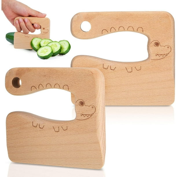 2 Piezas Cuchillo de Madera para Niños para Cocinar, Lindo Pez Forma de Dinosaurio Juguete de Cocina Picador Cortador de Verduras y Frutas, Juguetes de Herramientas de Cocina Juegos de Cuchi