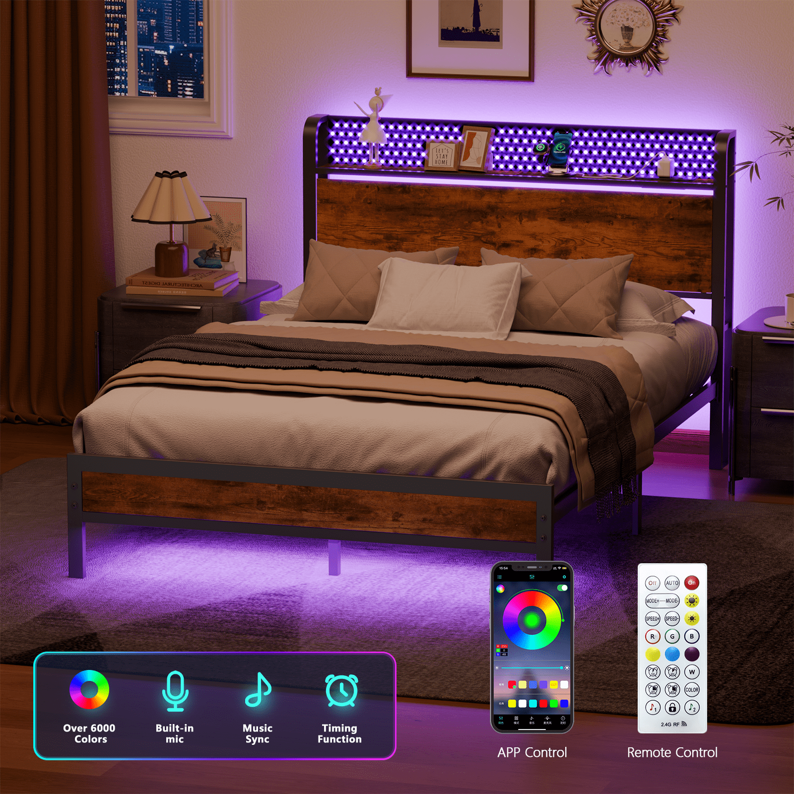 Tydimor Full RGB LED Strip Platforrm Bed Frames with Headboard Metal, Storage Shelves & Underbed, Niose Free, No Box Spring Needed