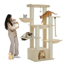 PEQULTI 67" Maine Coon Cat Tree Large Cat Tower for Indoor Cats with 8 Thick Scratching Post Beige
