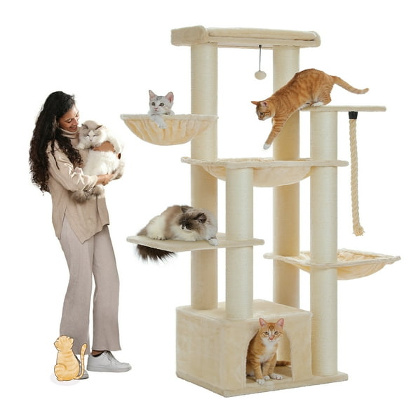 PEQULTI 67" Maine Coon Cat Tree Large Cat Tower for Indoor Cats with 8 Thick Scratching Post Beige