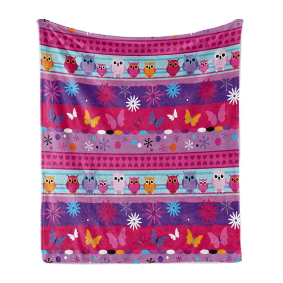 Owl Soft Flannel Fleece Throw Blanket, Striped Cartoon Style Pattern with Owls Flowers Butterflies Hearts and Snowflakes, Cozy Plush for Indoor and Outdoor Use, 70" x 90", Multicolor, by Ambesonne