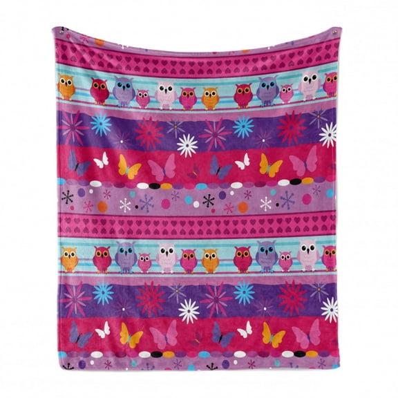 Owl Soft Flannel Fleece Throw Blanket, Striped Cartoon Style Pattern with Owls Flowers Butterflies Hearts and Snowflakes, Cozy Plush for Indoor and Outdoor Use, 50" x 70", Multicolor, by Ambesonne