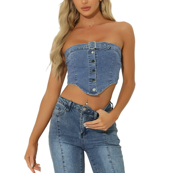 INSPIRE CHIC Women's Top Denim Crop Tube Strapless Sleeveless Button Corset Top M Light Blue