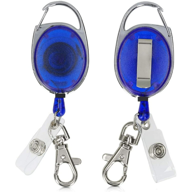 Retractable Badge Reel - ID Holder with Belt Clip, Carabiner Hook, Key Ring - Attach Swipe Cards for Work, Women, Men - Transparent Blue