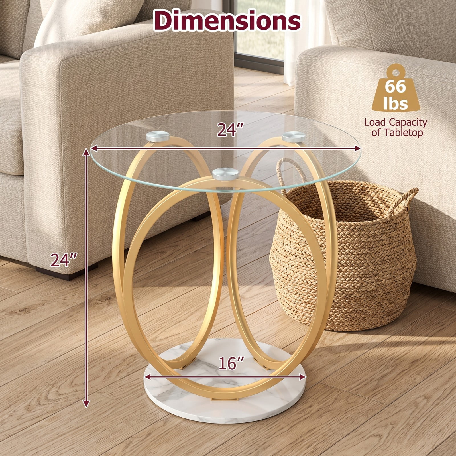 Furnibear Round End Table Faux Marble Side Table with Tempered Glass Tabletop, Modern Accent Nightstand Sofa Coffee Table with Metal Frame for Living Room Bedroom, Gold