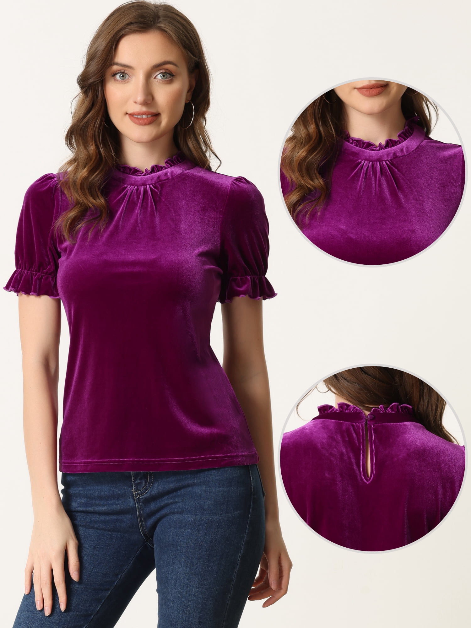 DARING DIVA Women's Ruffle Collar Shirt Velvet Tops Blouse XL Purple