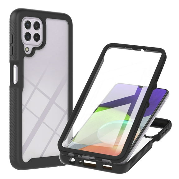 Case for Samsung Galaxy A22 with Built-in Screen Protector, Hybrid Rugged Full Body Drop Protection Shockproof Anti-Scratch Transparent Clear PC Back Phone Cover, Black