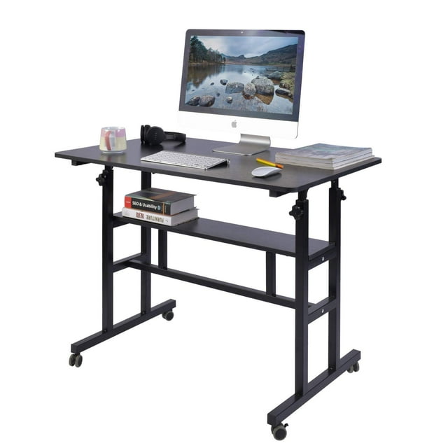 AIZ Bureau Debout Mobile, Bureau d'Ordinateur Réglable Chariot Roulant pour Portable sur Roulettes Poste de Travail d'Ordinateur pour Bureau à Domicile, Support Portable pour Portable Table Haute pour Rester Debout Ou Assis, Noir, 39.4 Pouces x 23.6 Pouces