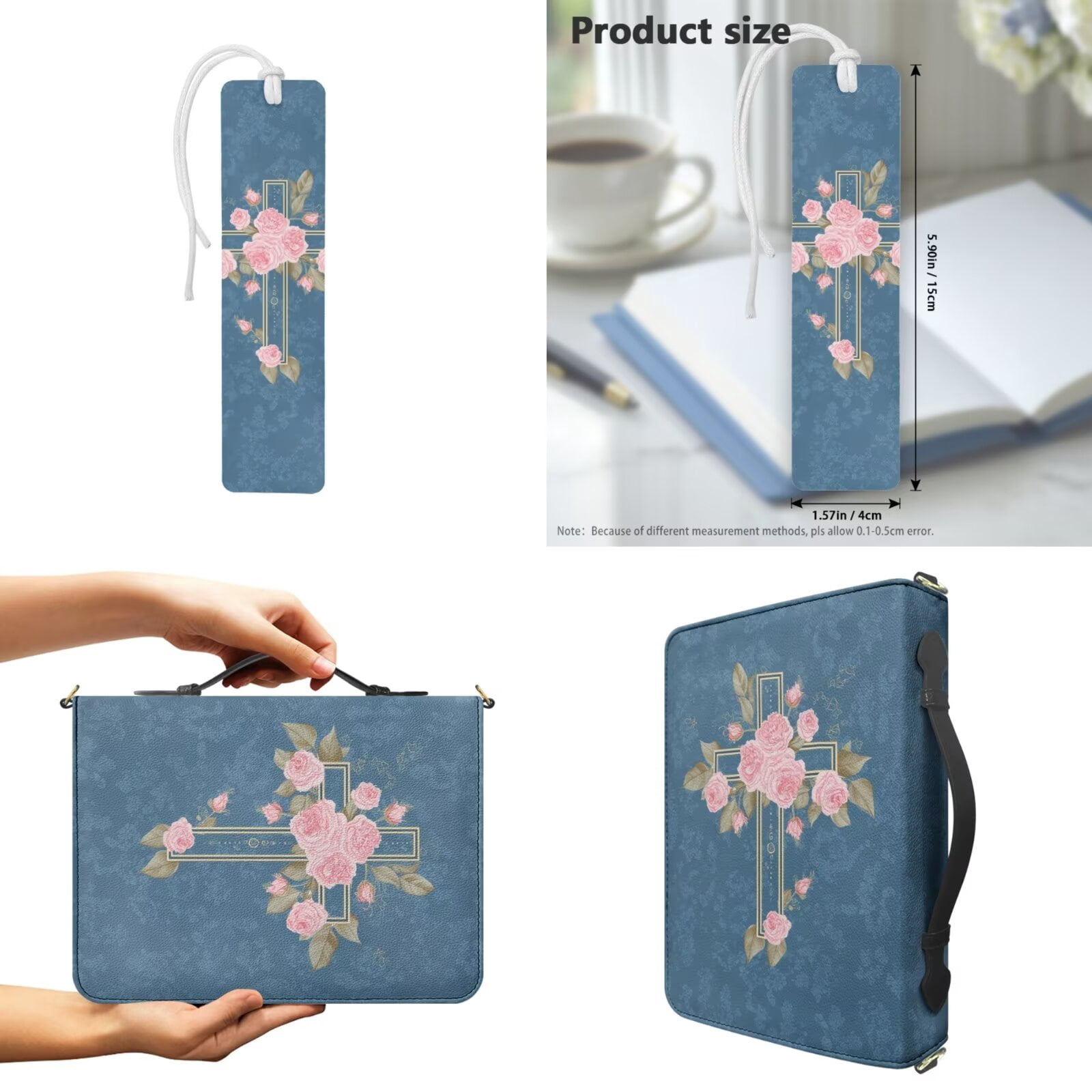 Kuiaobaty Rose Cross Print Bible Bag for Women Men PU Leather Bible Cover Case with Bookmark Lightweight Church Bag Bible Study Supplies with Shoulder Strap for Christian, Blue