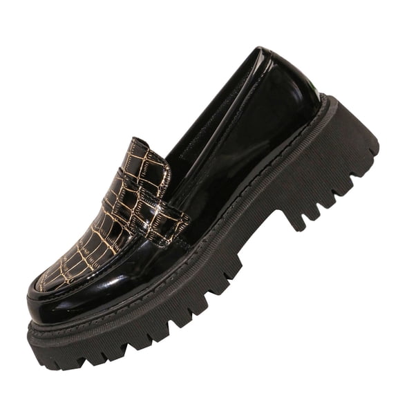 HomeDM Womens Platform Low Chunky Heel Loafers Round Closed Toe Slip On Office Work Business Casual Shoes, Black Size 5.5
