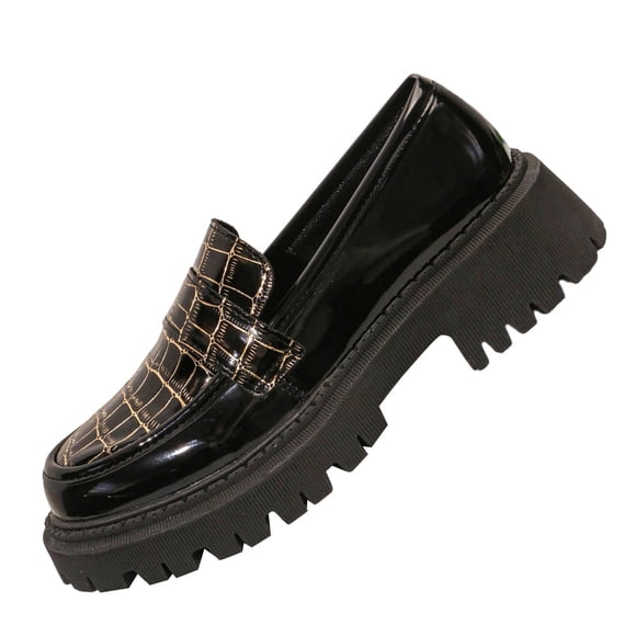Black Patent Leather Loafers for Women Mid Heel Thick Sole Embossed, Black Patent Leather Shoes Women Round Toe Casual