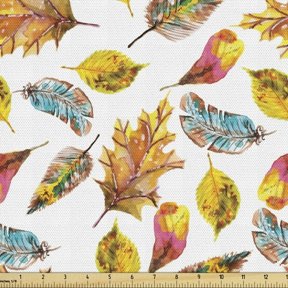 Ambesonne Watercolor Fabric by the Yard Upholstery, Fal Season Leaves, 3 Yards, Multicolor