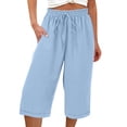 thumbnail image 5 of Women's 2026 Summer Cotton Linen Capris Elastic Drawstring High Waist Loose Casual Cropped Beach Pants Light Blue S, 5 of 7