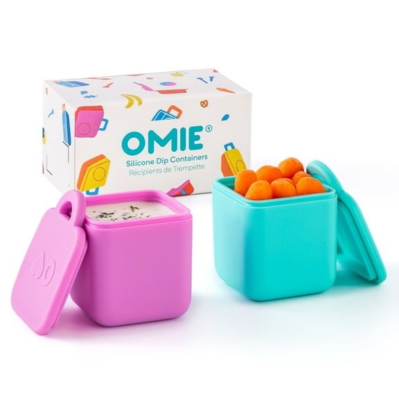 Omie Dip for OmieBox (2 pack) Leakproof Dips Containers To Go, Salad Dressing Container, Condiment Container with Lids - Food Safe Silicone - 4 ounces (Pink/Teal) by OmieLife