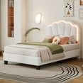 thumbnail image 2 of Twin Size Upholstered Flower-Shape Bed,  Single Bed with Elegant Flowers Headboard and LED Light Strip, Sherpa Fabric Platform Bed with Wooden Slats Support for Bedroom, White, 2 of 9