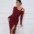 thumbnail image 5 of One Shoulder Long Sleeve Cocktail Dress Sexy Rib Knit Slit Ruched Bodycon Wedding Guest Maxi Dresses, 5 of 5