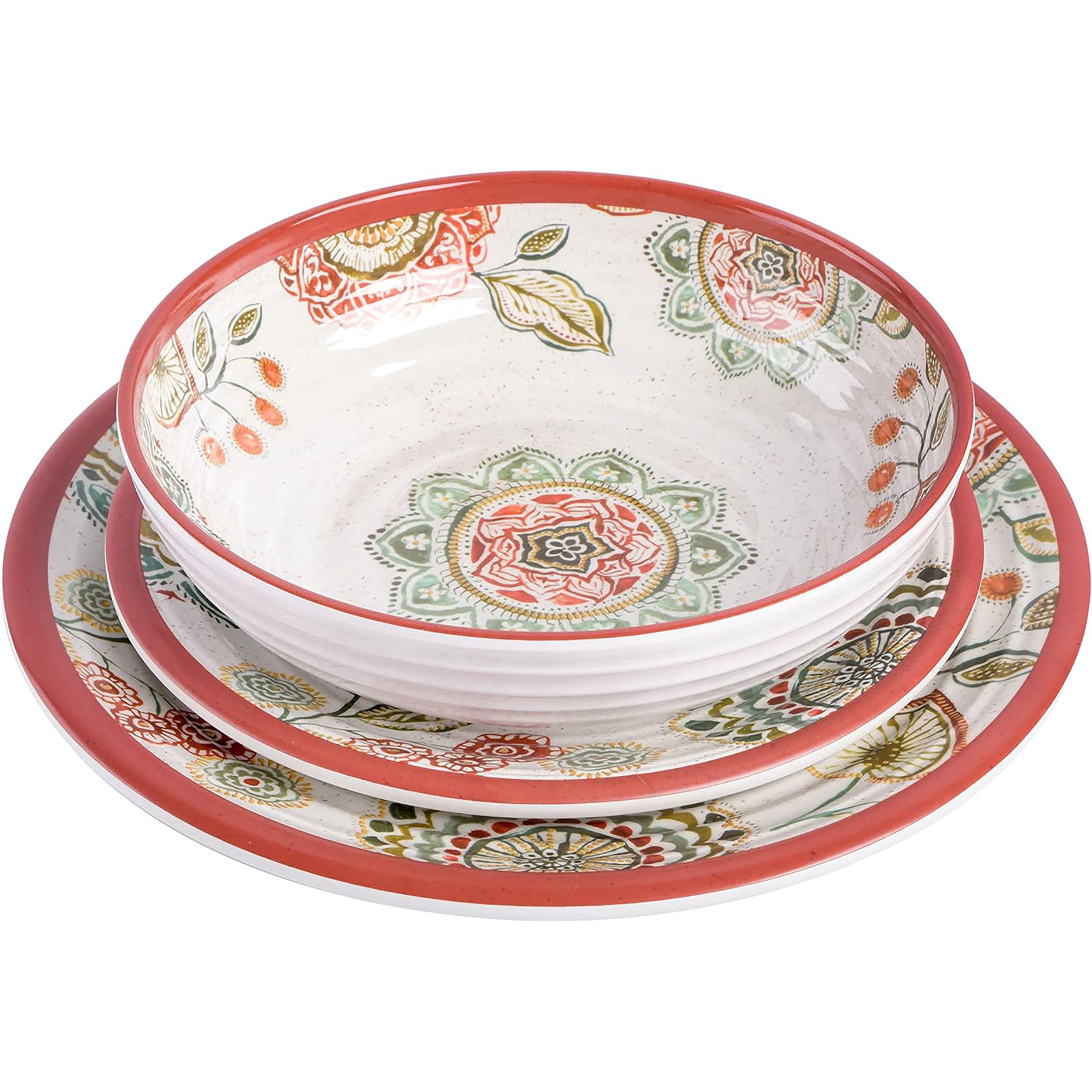 Gibson Home Mauna Melamine Plastic Dinnerware Set, Service for 4 (12pcs), Brick Floral