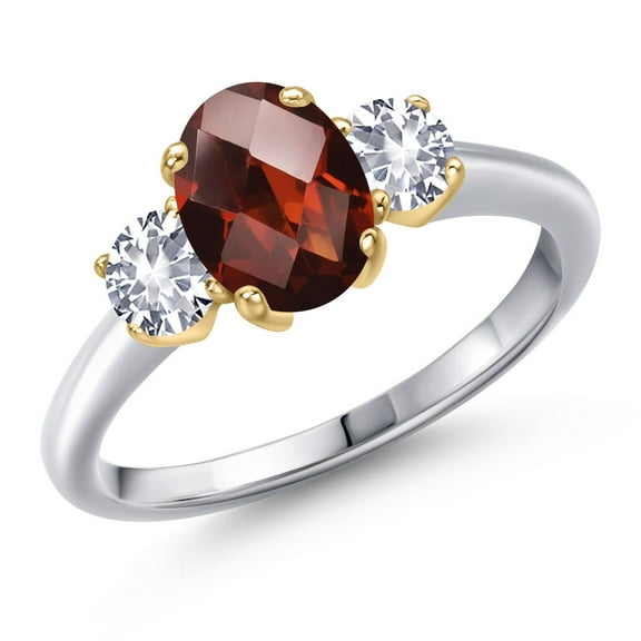 Gem Stone King 925 Silver and 10K Yellow Gold Red Garnet and White Created Sapphire Engagement Ring for Women | 2.03 Cttw | Oval Checkerboard 8X6MM | Gemstone January Birthstone | Size 7