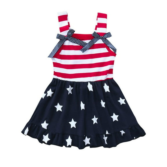 OAVQHLG3B 4th of July Toddler Baby Girls Summer Outfit Stars and Stripes Bow-Knot Dress American Flag Dress