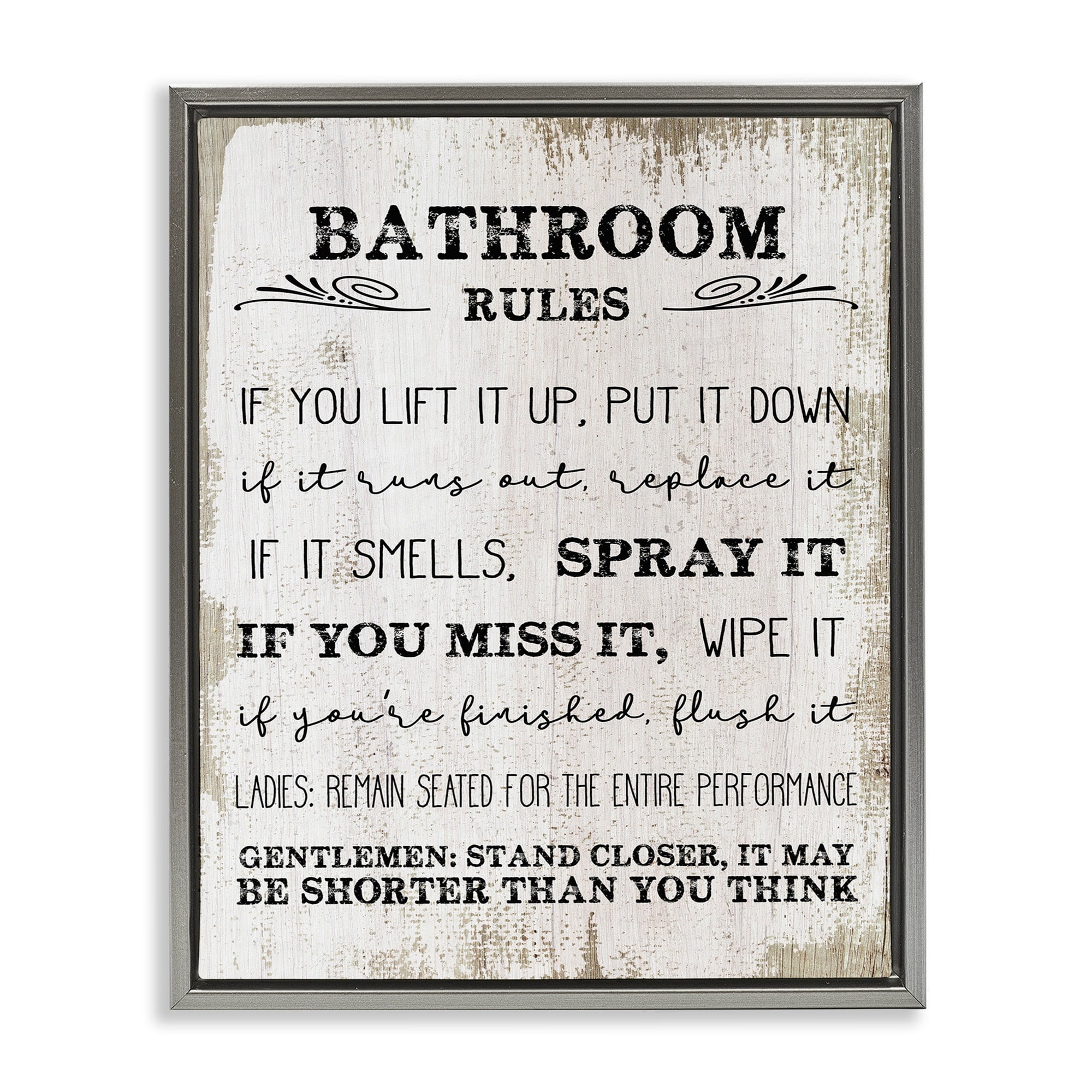 Stupell Industries Bathroom Rules Funny Word Wood Textured Design Luster Gray Framed Floating Canvas Wall Art, 24x30, by Daphne Polselli