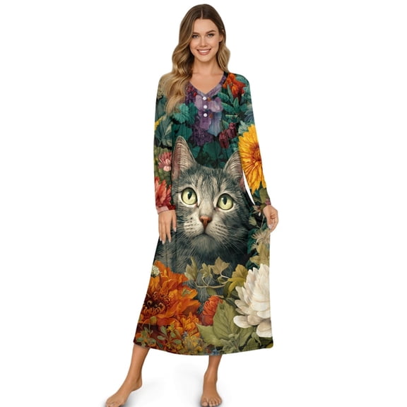 DISNIMO Cat Sunflower Print Women Nightgowns Long Sleeve Sleepwear Comfy V Neck Nightshirts Button Front Sleepshirts Full Length Night Gowns, S