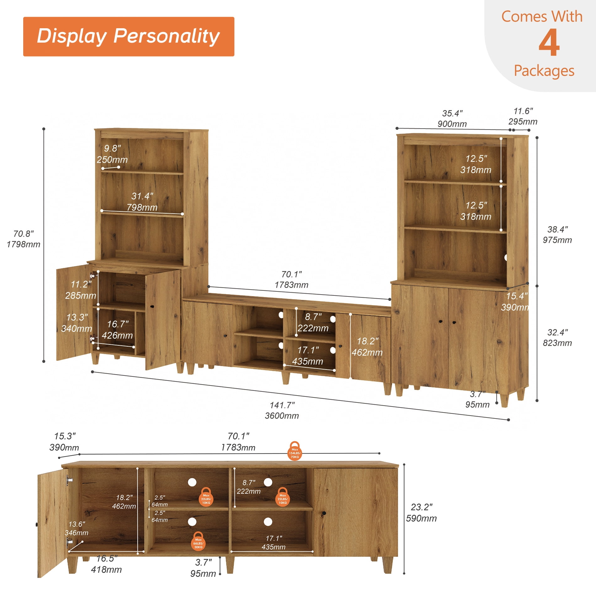 Modern TV Stand and Bookcase Set with Cabinets & Shelves for 75" TVs,Oak Brown