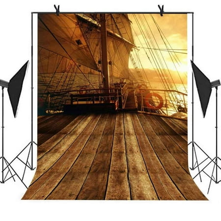 Image of HelloDecor 5x7ft Ocean Voyage Backdrop Deck Sail Railing Lifebuoy Sea Sunset Picture Studio Props Kiosk Wedding Photography Curtains TV Wall Background