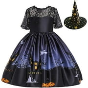 Kids Halloween Princess Dress, Halloween Costumes for Girls with Witch Hat, Witch Costume, Gift for Girls