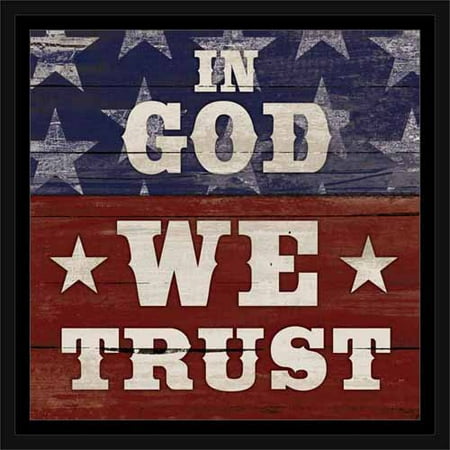 Gaines White Plaque - in God We Trust Wood Grain Western Stars Stripe Typography Painting Red & Blue, Framed Canvas Art by Pied Piper Creative