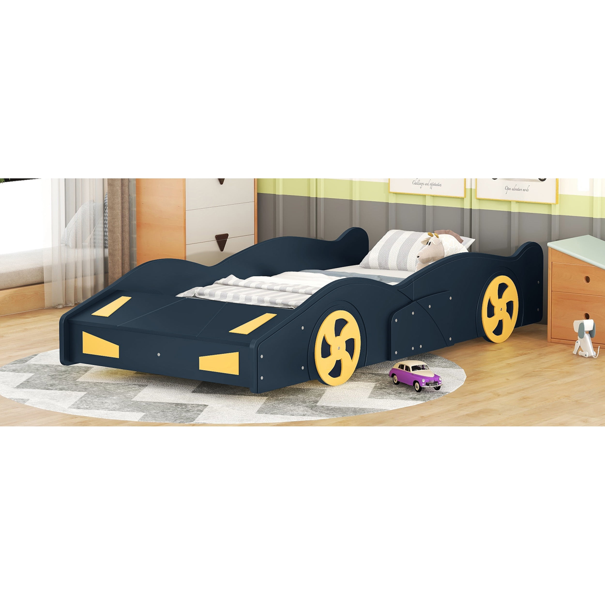 Twin Size Race Car-Shaped Platform Bed with Wheels and Storage, Dark Blue&Yellow 59AAC