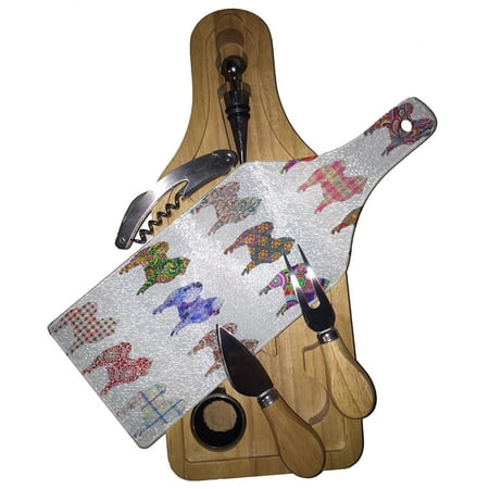 

KuzmarK Wine & Cheese Glass Cutting Board Wood Box Gift Set - Chow Chow Dog