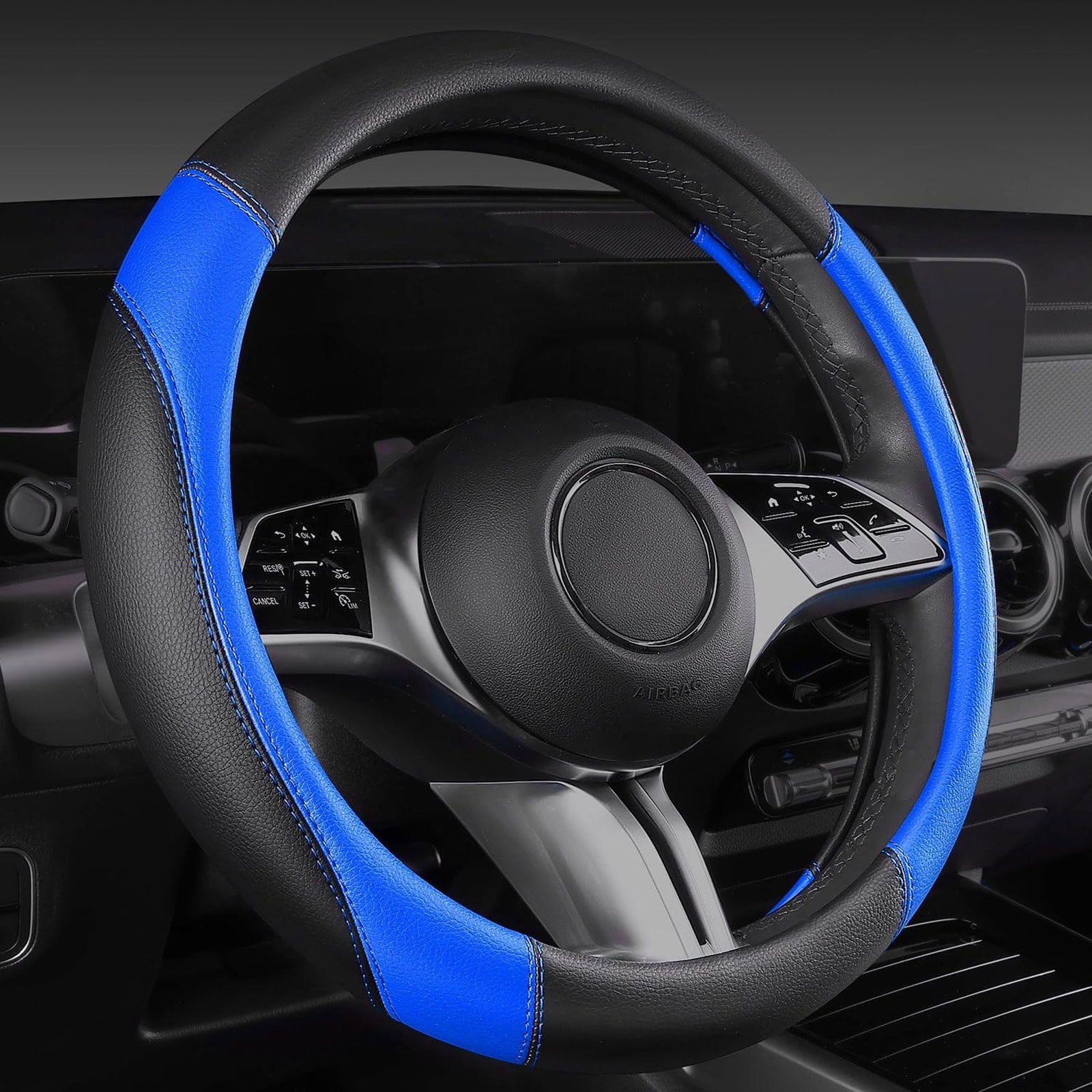 CAR GRAND Faux Leather Car Steering Wheel Cover Combo Pack Car Floor Mats, Universal Fit Waterproof Anti-slip Carpet 14.5-15 Inches Blue & Black