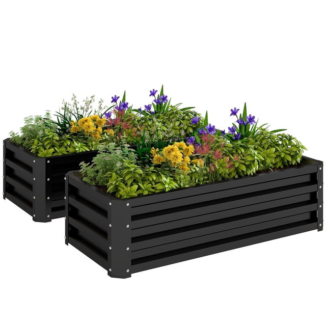 Outsunny Raised Garden Beds Set of 2, Galvanized Planter Box, Black