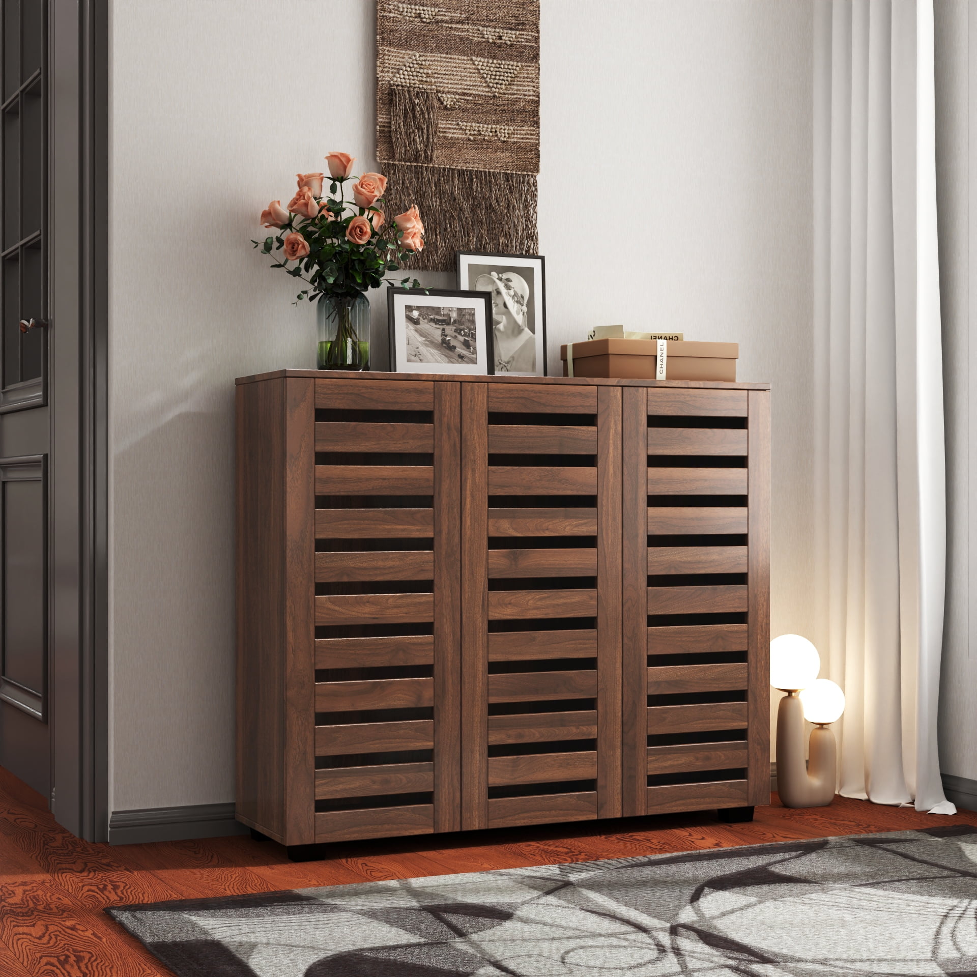 Mintazer 5 Tier Shoe Storage Cabinet with Louvered Doors & Adjustable Shelves, Shoe Rack Organizer for Entryway Hallway Living Room, Brown
