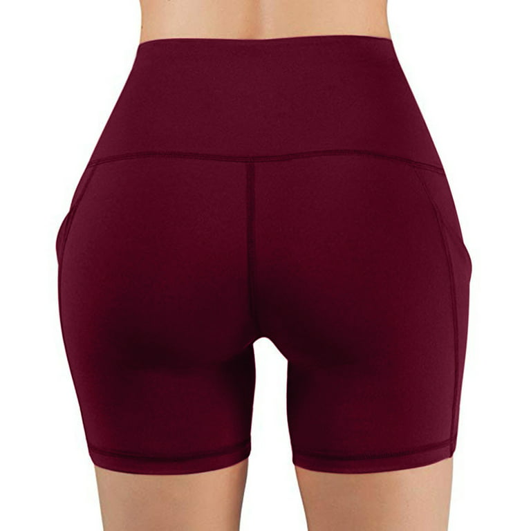 Women Solid Pocket High-waist Hip Stretch Pants Running Fitness Yoga Shorts  Sunzel Biker Shorts,Wine,M