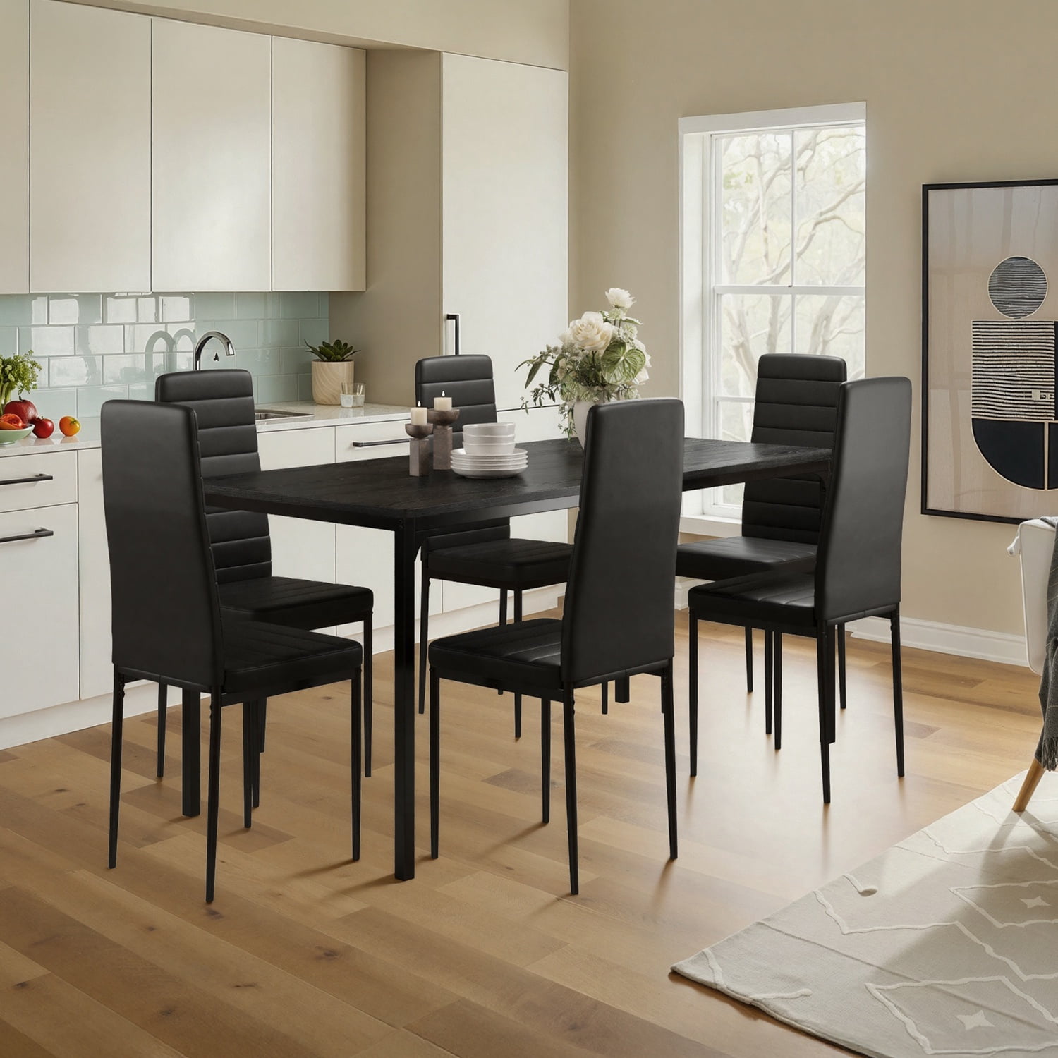 63"  Rectangular Dining Table Set for 6, PU Upholstered Chair Kitchen Dinette Furniture for Home & Restaurant,Sturdy Easy Clean,Black