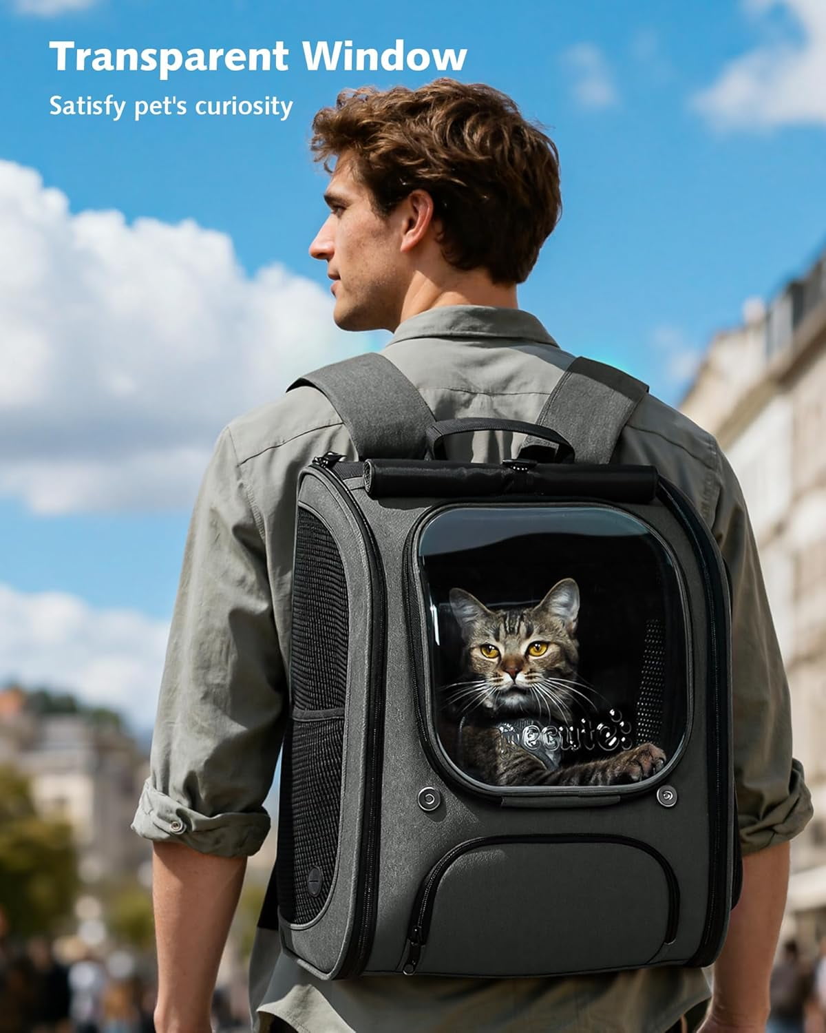 Cat Backpack Carrier, Large Space Cat Bubble Backpack, Breathable Cat Carrier, Shaded Dog Backpack Carrier, Ergonomic 3D Design for Travel, Hiking, Walk, Suitable for Shopping, Car, Vet, Gray
