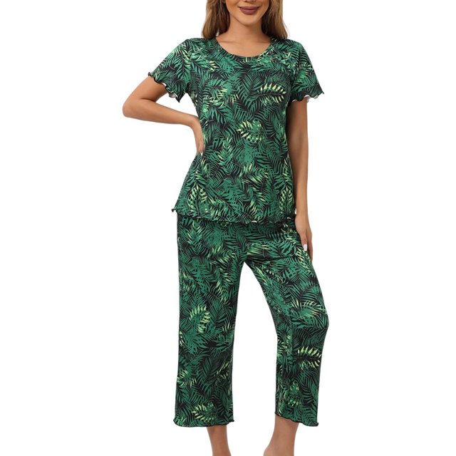 Jamicy Pyjama de Mode pour Femmes, Haut à Manches Courtes Imprimé avec Cordon de Serrage, Ensemble de Pyjama pour Dames, Confortable, Col Rond, Tenue de Détente