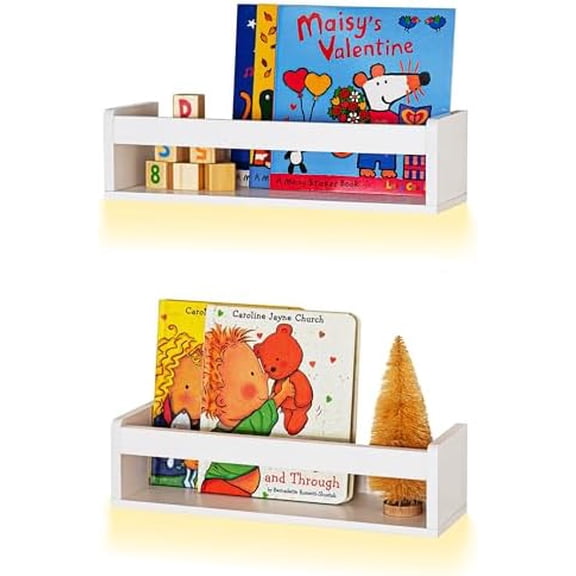 Nursery Book Shelves - Wooden Wall Shelves with LED Light for Books, Decor and Storage, Bookshelf for Baby Room, Living Room, and Small Spaces, Floating Wall-Mounted Storage Rack - (Pack of 2)