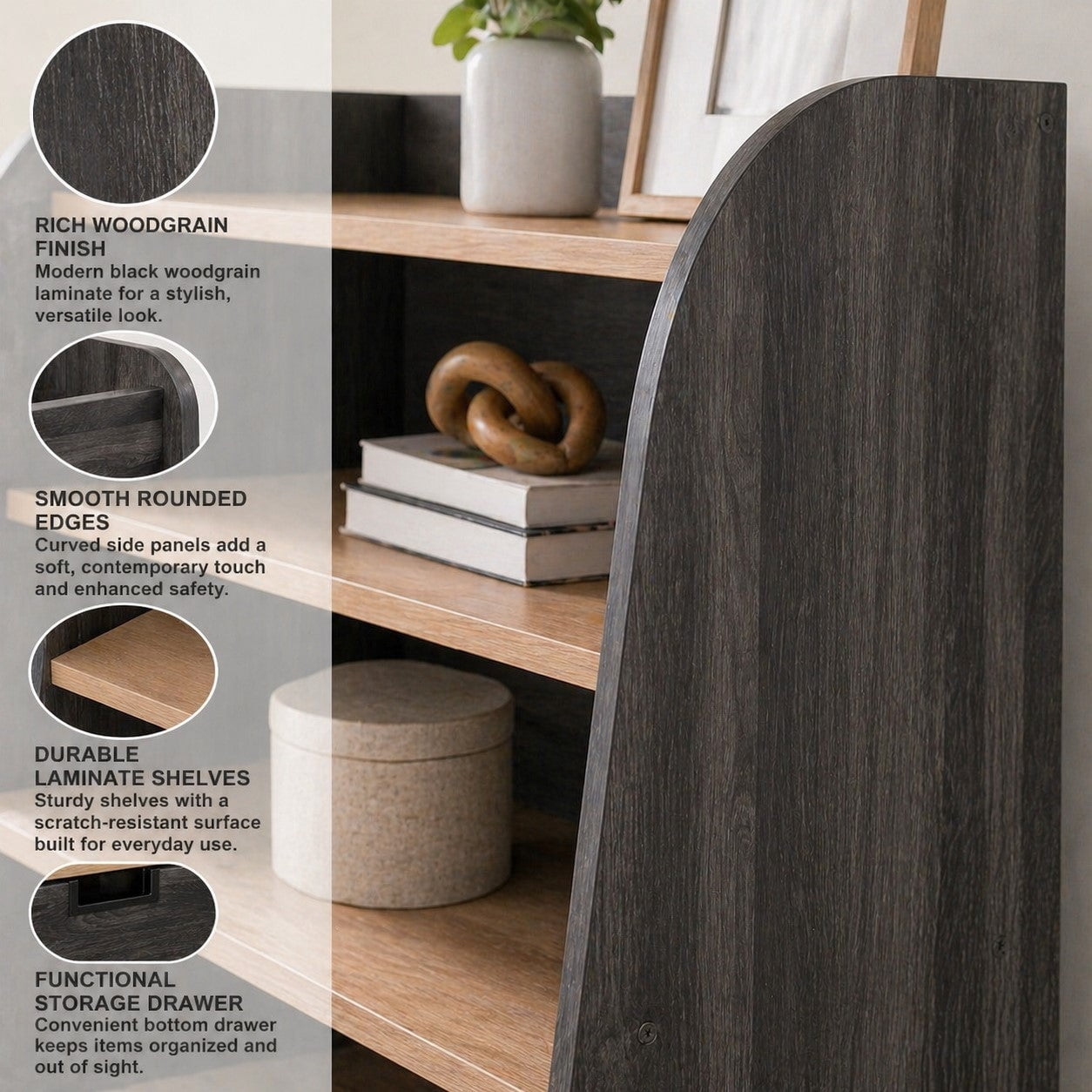 OSHome Modular Storage Bookshelf with 3 Shelves and Drawer – Black Woodgrain Laminate