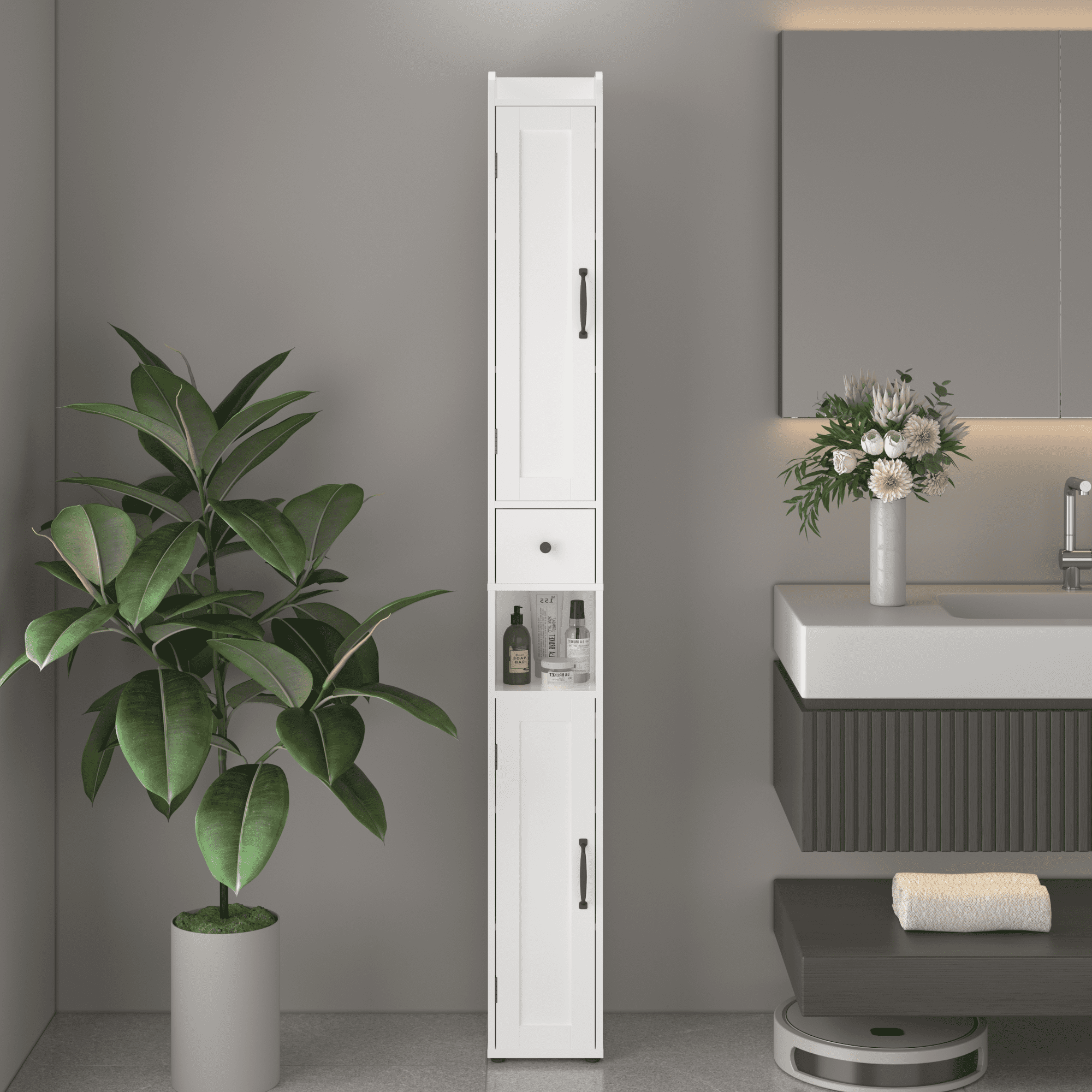Euroco Tall Narrow Bathroom Storage Cabinet with Adjustable Shelves, Free-Standing Linen Cabinet with Reversible Doors, Waterproof MDF, White