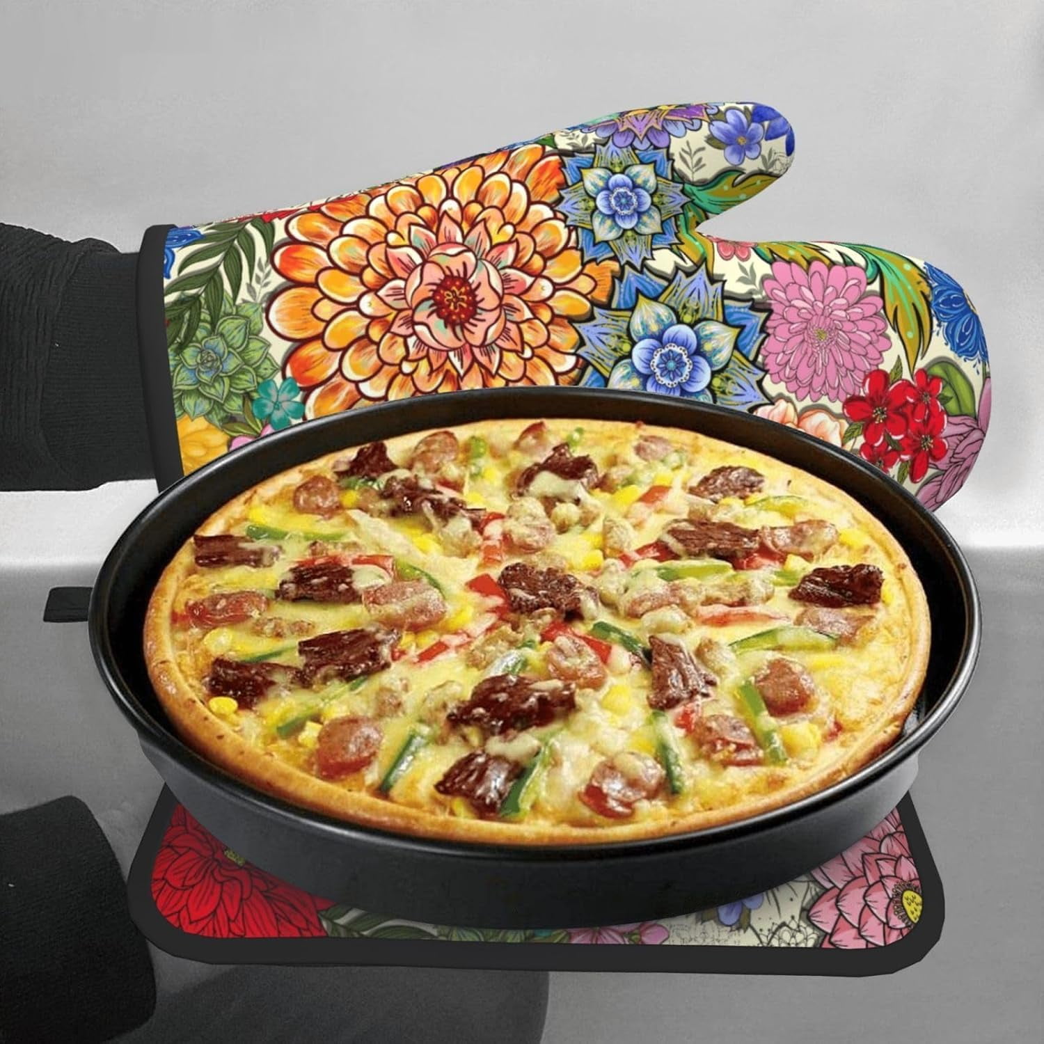 Boho Floral Oven Mitts and Pot Holders Sets of 3, Colorful Flowers Heat Resistant Kitchen Gloves Hot Pads, Chef Baking Gifts for Baker Women Mom Wife, Kitchen Gifts for Cooking Lover Cooks Hostress