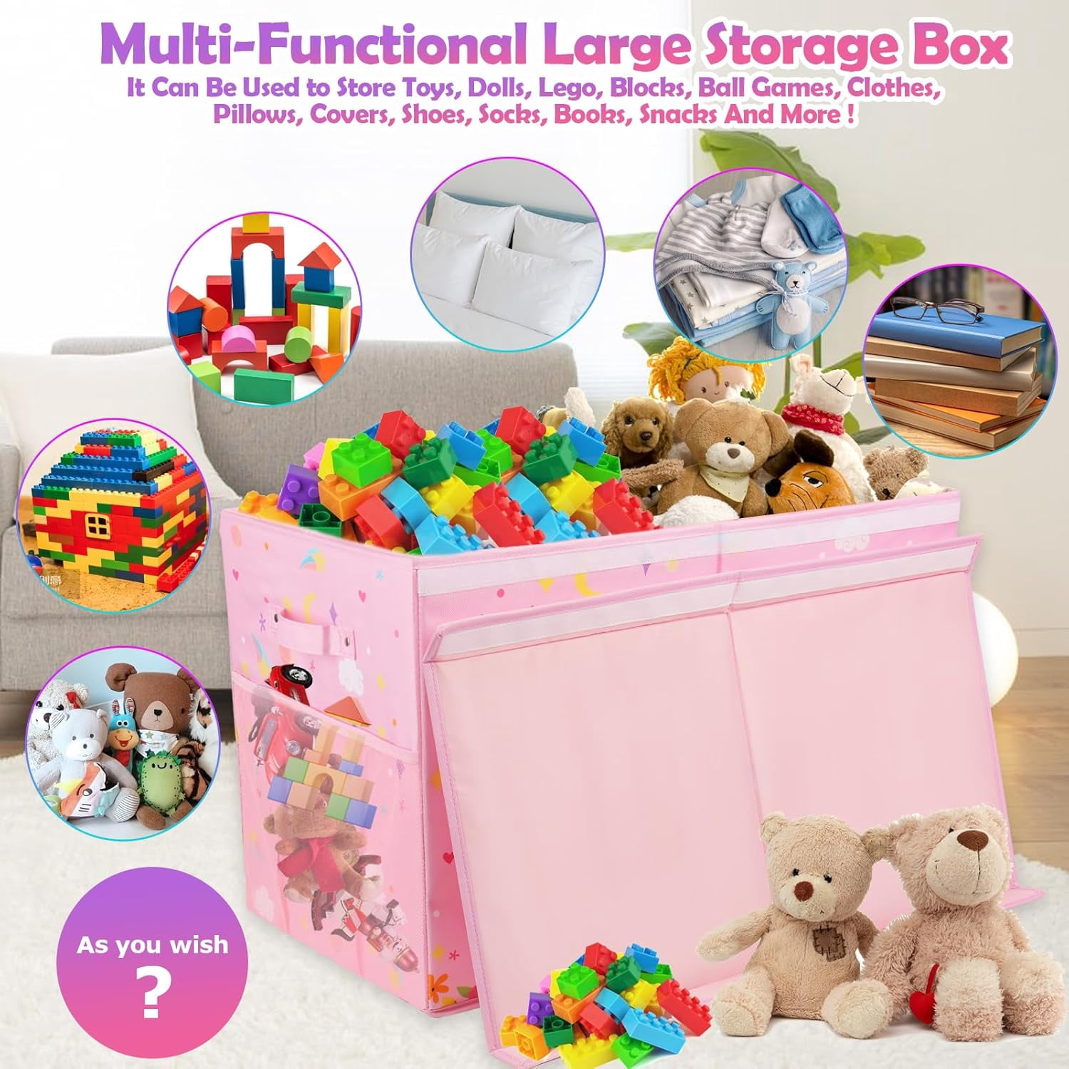 Large Toy Box, Collapsible Sturdy Kids Storage Organizer for Boys Girls, 25"x13"x16" Storage Box with Lids, Toy Chest Bins Basket for Living Room, Playroom, Nursery, Pink
