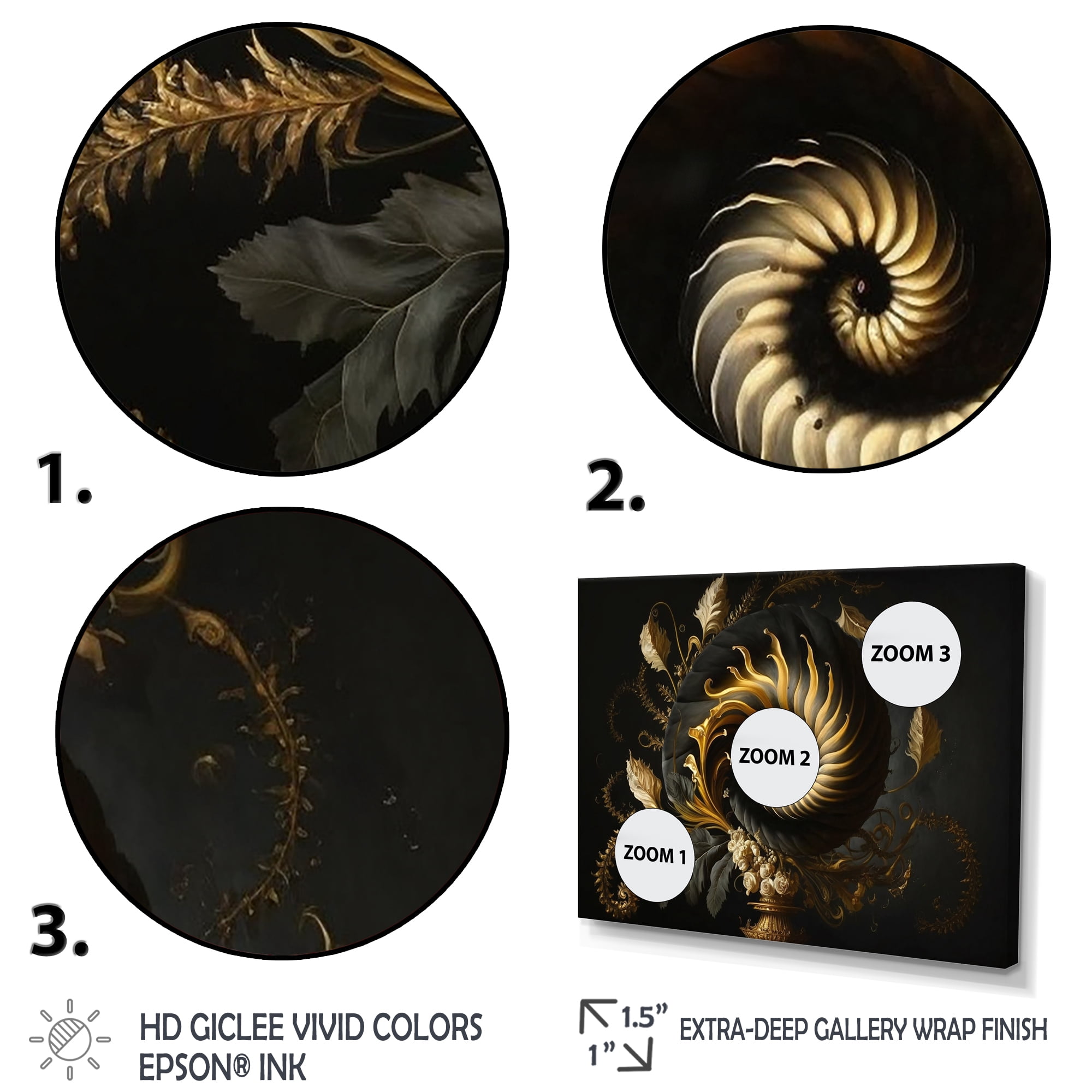 Designart A Black And Gold Spiral Flower I Canvas Wall Art